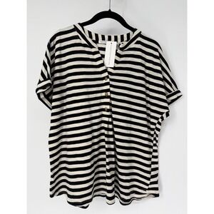 Notations NWT Women's Large Black White Striped 100% Cotton Henley Top